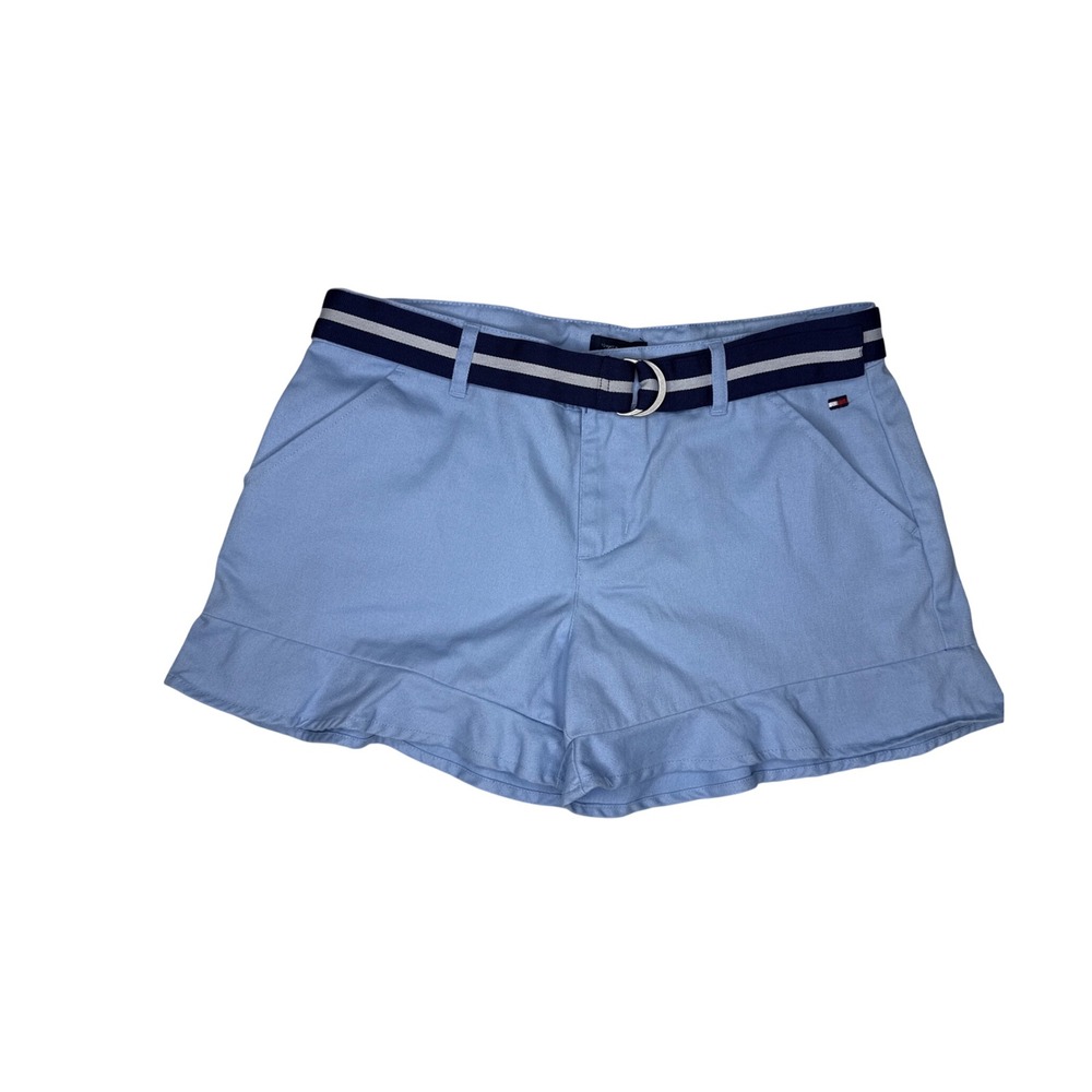 Tommy Hilfiger Ruffle Shorts Girls 14 Blue Cotton Belted Preppy School Uniform